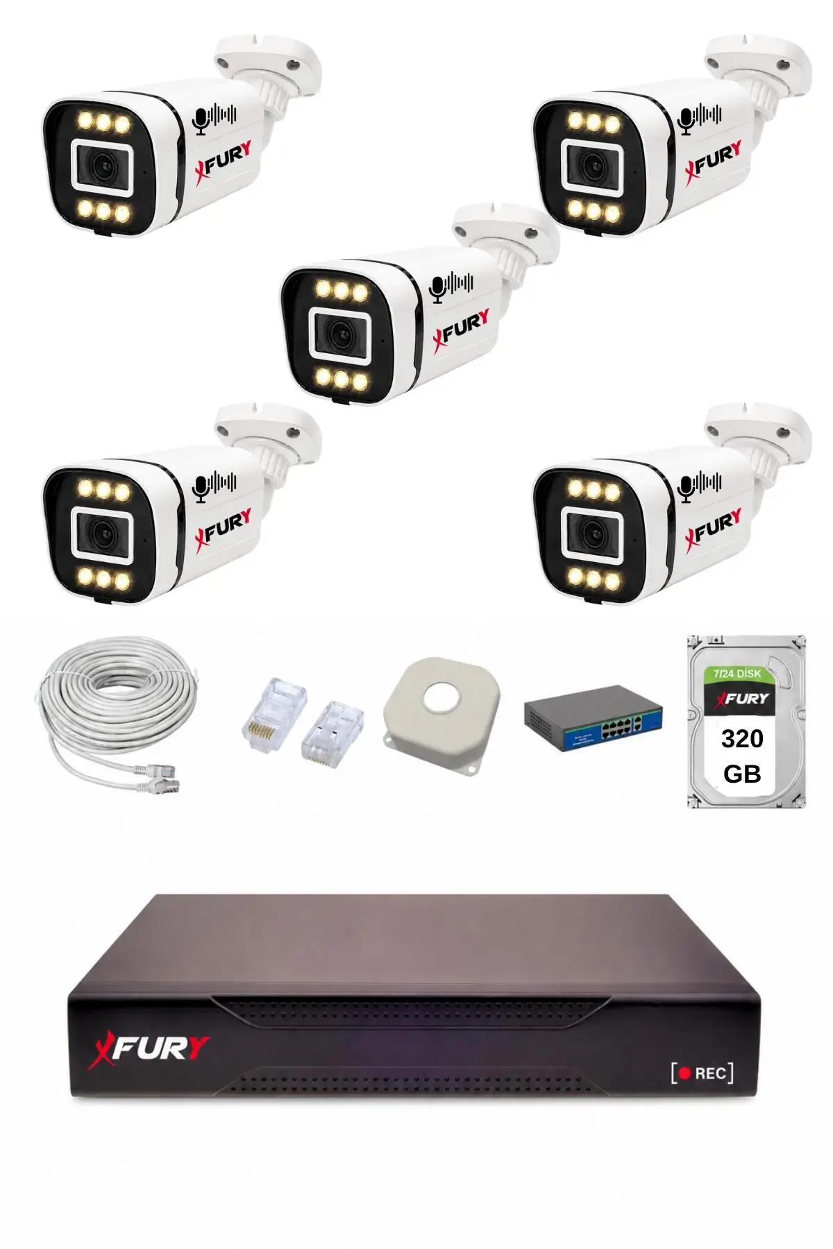 FURY IP 5 Kameralı 1080P Sesli 6 Warm LED Renkli Gece Görüşlü Güvenlik Kamera Sistemi 320GB 1606