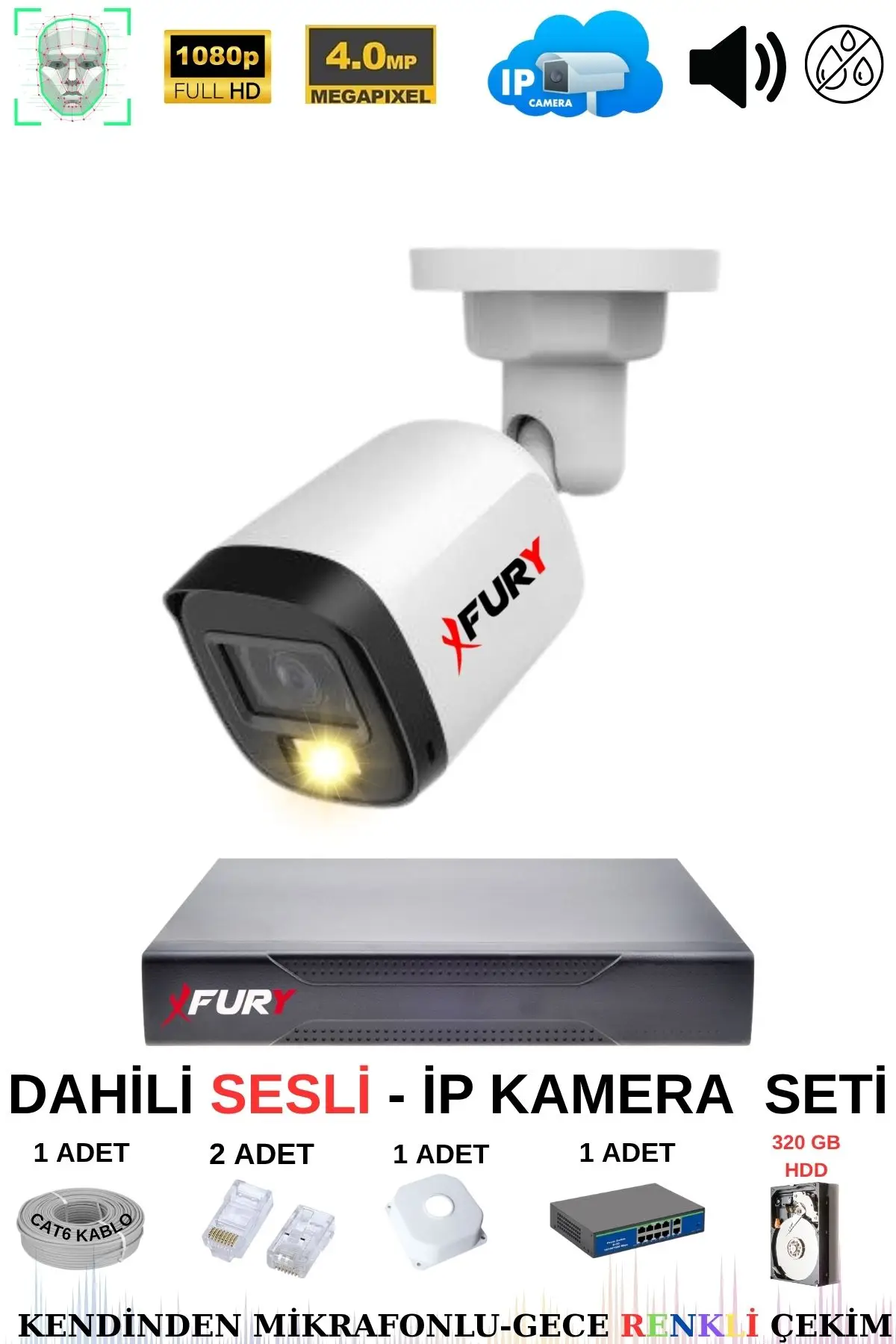 FURY Ip Güvenlik Kamera Seti 1 Kameralı Sesli 4mp Gece Renkli Su Geçirmez Ip5515s 320gb