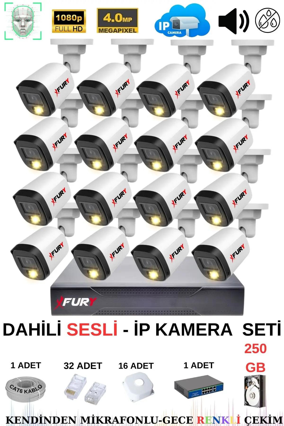 FURY Ip Güvenlik Kamera Seti 16 Kameralı Sesli 4mp Gece Renkli Su Geçirmez Ip5515s 250gb