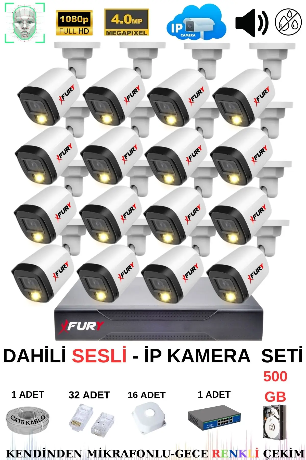 FURY Ip Güvenlik Kamera Seti 16 Kameralı Sesli 4mp Gece Renkli Su Geçirmez Ip5515s 500gb