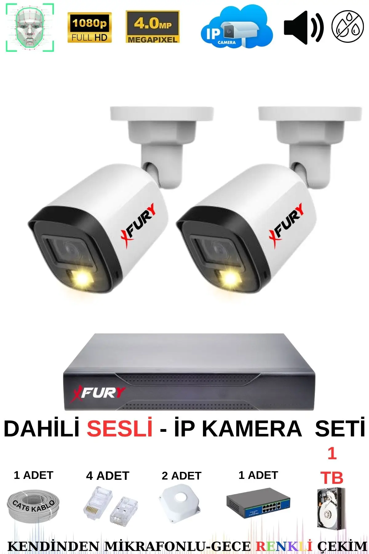 FURY Ip Güvenlik Kamera Seti 2 Kameralı Sesli 4mp Gece Renkli Su Geçirmez Ip5515s 1tb