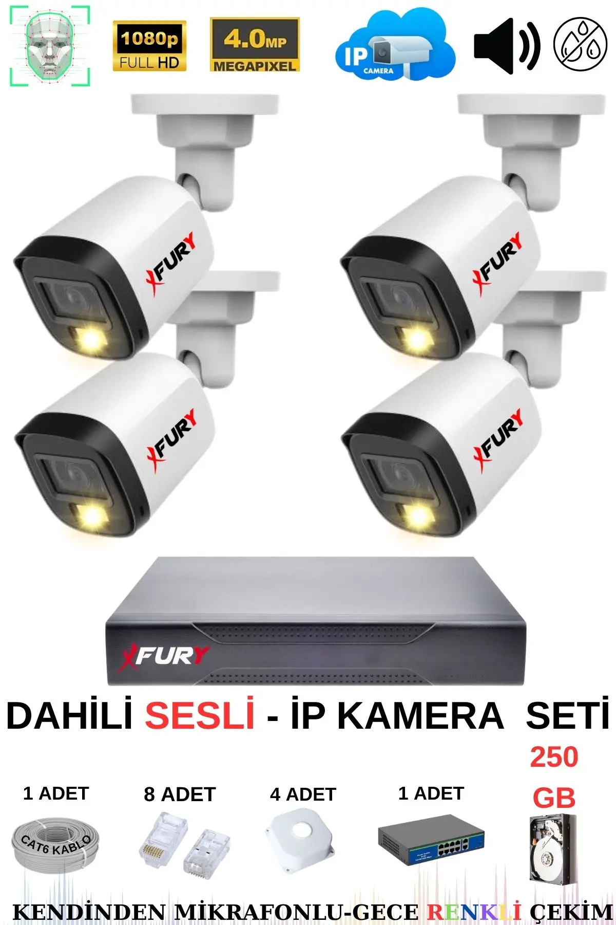 FURY Ip Güvenlik Kamera Seti 4 Kameralı Sesli 4mp Gece Renkli Su Geçirmez Ip5515s 250gb