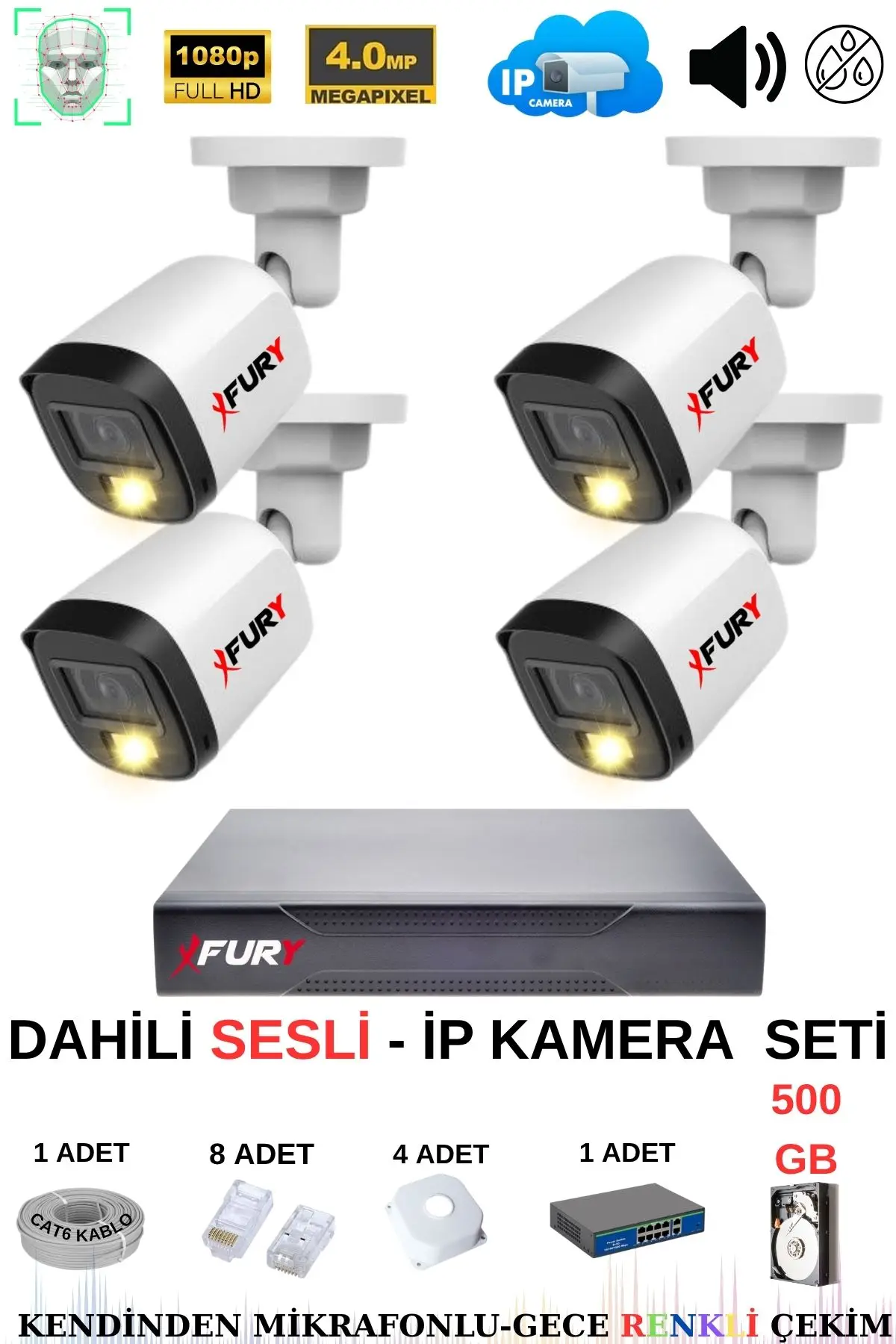 FURY Ip Güvenlik Kamera Seti 4 Kameralı Sesli 4mp Gece Renkli Su Geçirmez Ip5515s 500gb