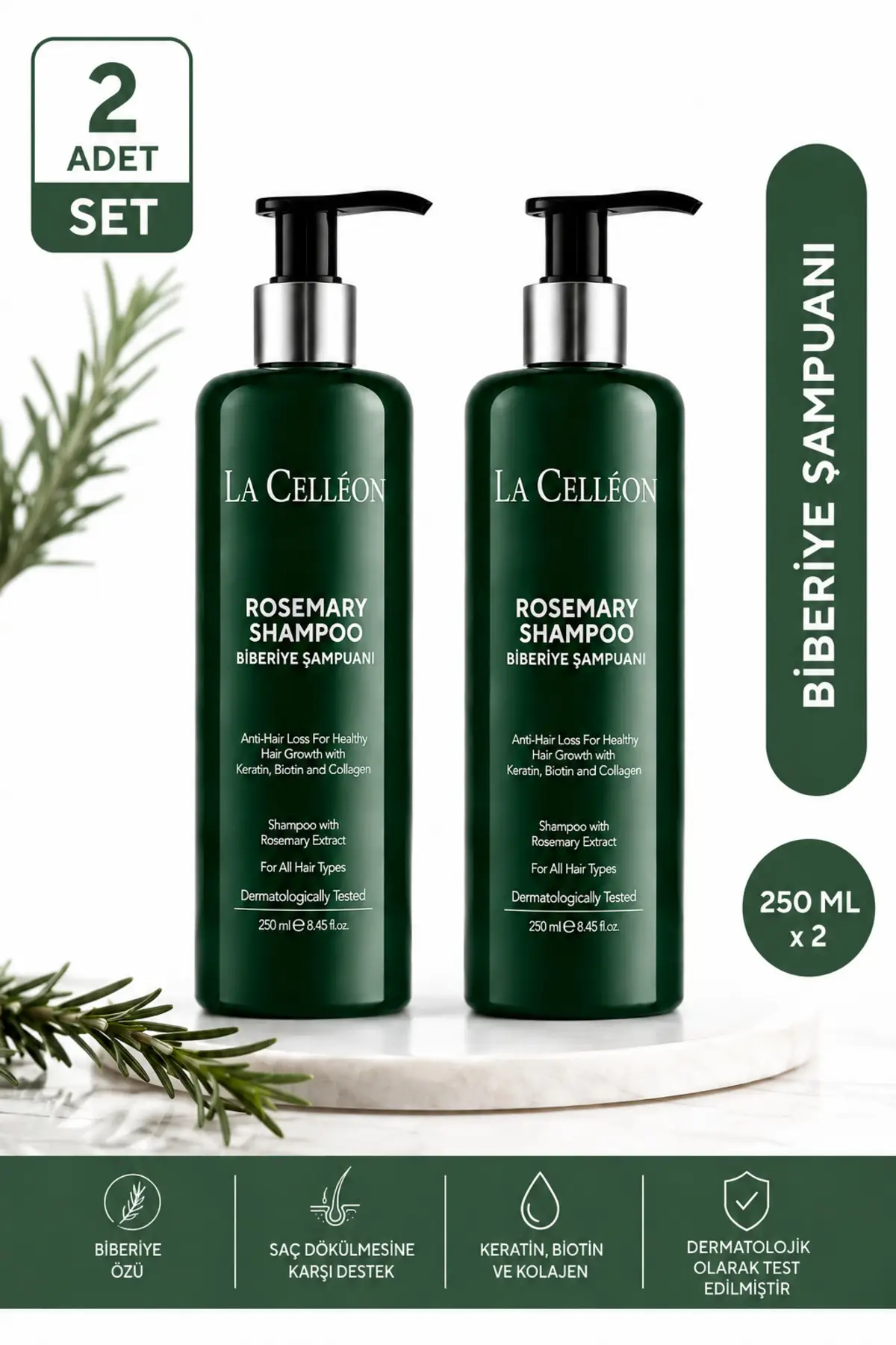 La Celleon 2'li Biberiye Saç Bakım Şampuanı 250 ml x 2 | Keratin, Biotin ve Kolajen