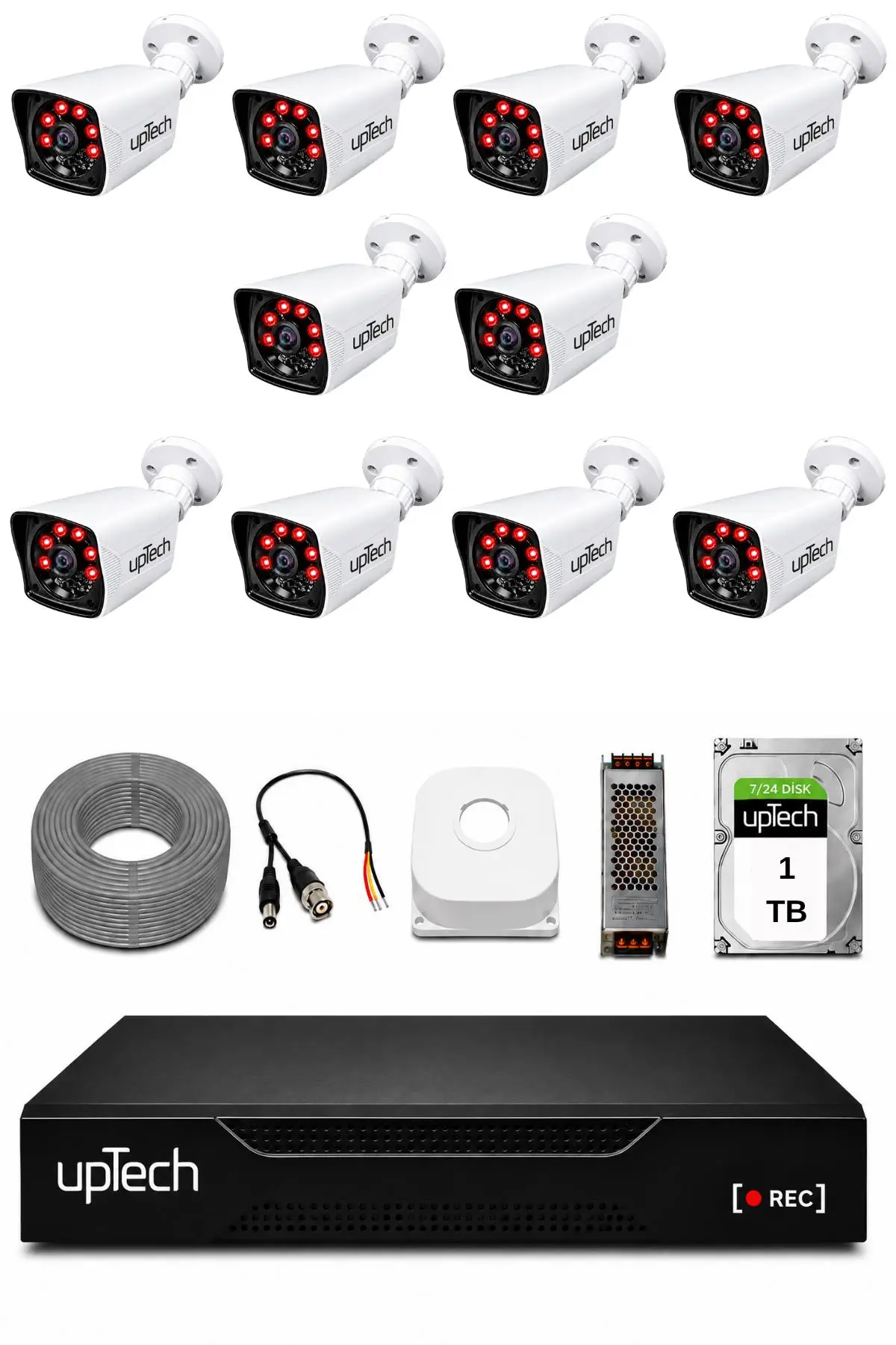 UPTECH 10 Kameralı Güvenlik Kamera Seti 2MP 1080P Full HD 6 Atom LED Gece Görüşlü 1 TB HDD 5525