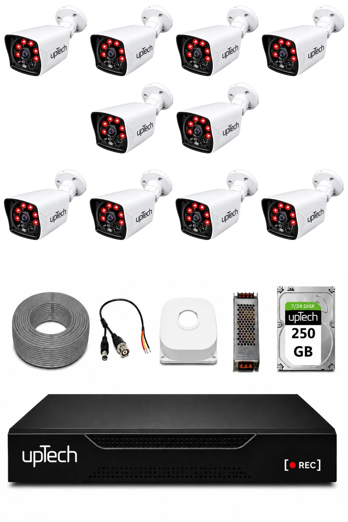 UPTECH 10 Kameralı Güvenlik Kamera Seti 2MP 1080P Full HD 6 Atom LED Gece Görüşlü 250GB HDD 5525