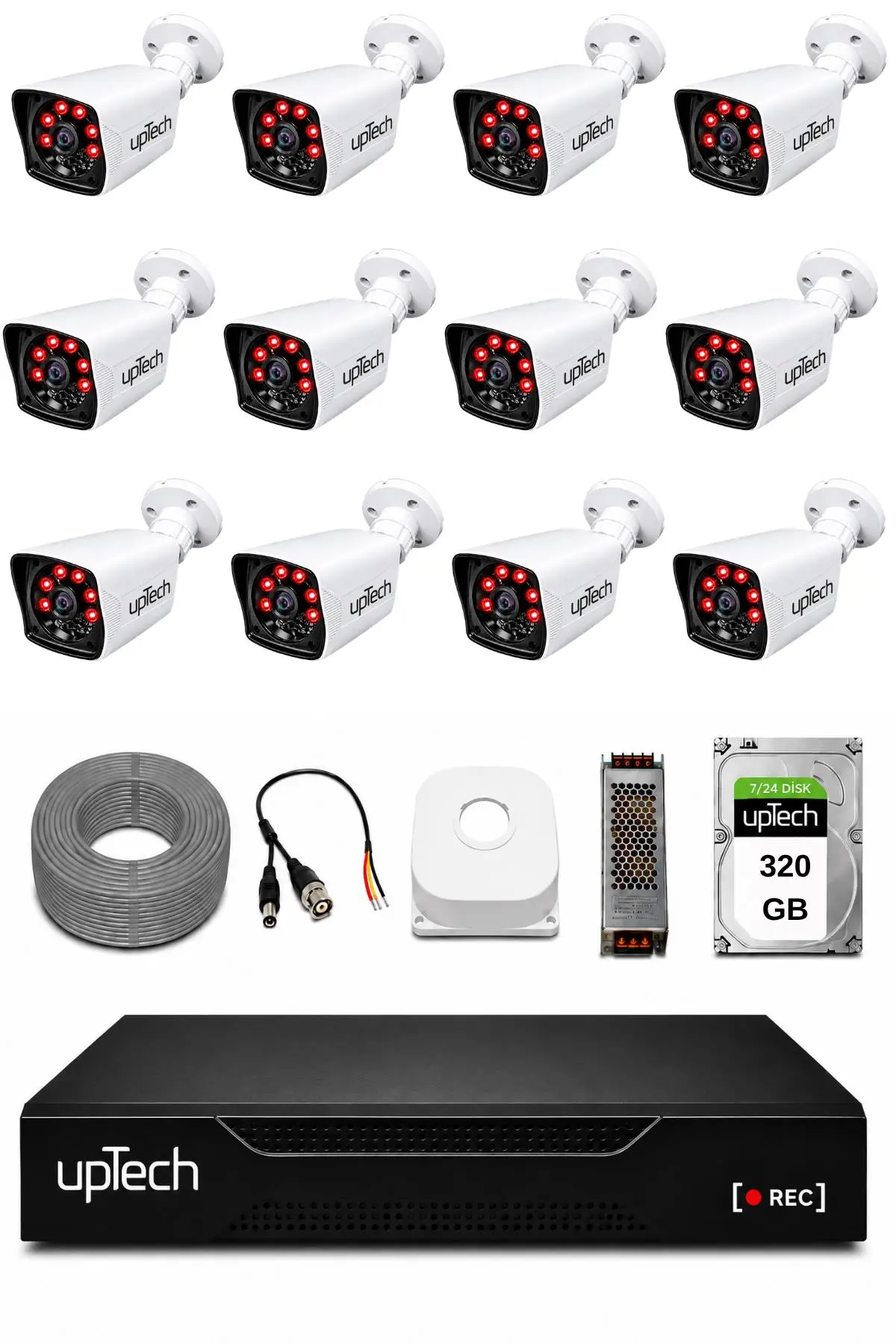 UPTECH 12 Kameralı Güvenlik Kamera Seti 2MP 1080P Full HD 6 Atom LED Gece Görüşlü 320GB HDD 5525