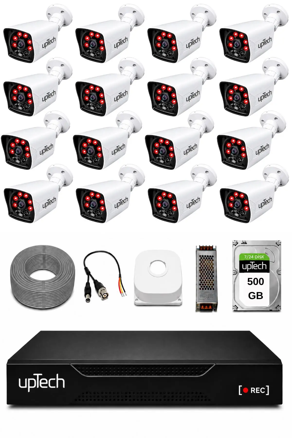 UPTECH 16 Kameralı Güvenlik Kamera Seti 2MP 1080P Full HD 6 Atom LED Gece Görüşlü 500GB HDD 5525