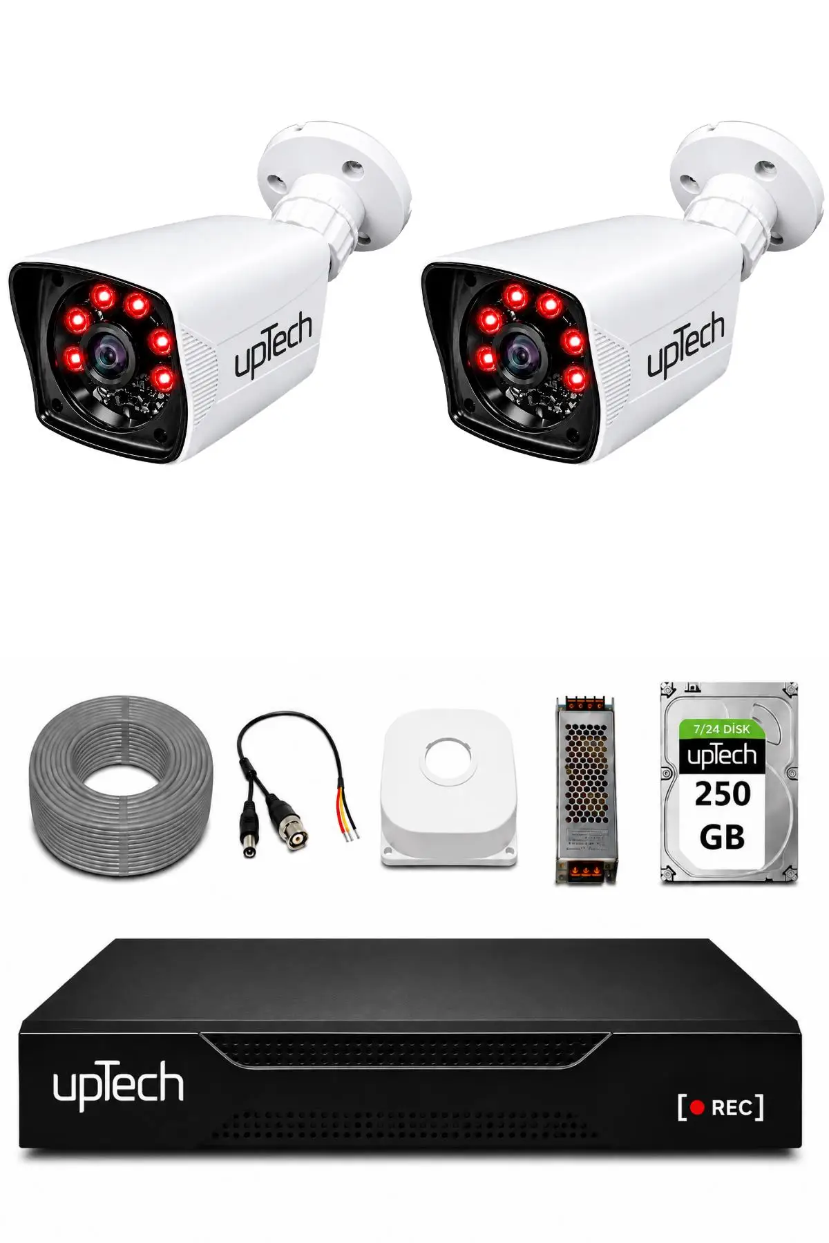UPTECH 2 Kameralı Güvenlik Kamera Seti 2MP 1080P Full HD 6 Atom LED Gece Görüşlü 250GB HDD 5525