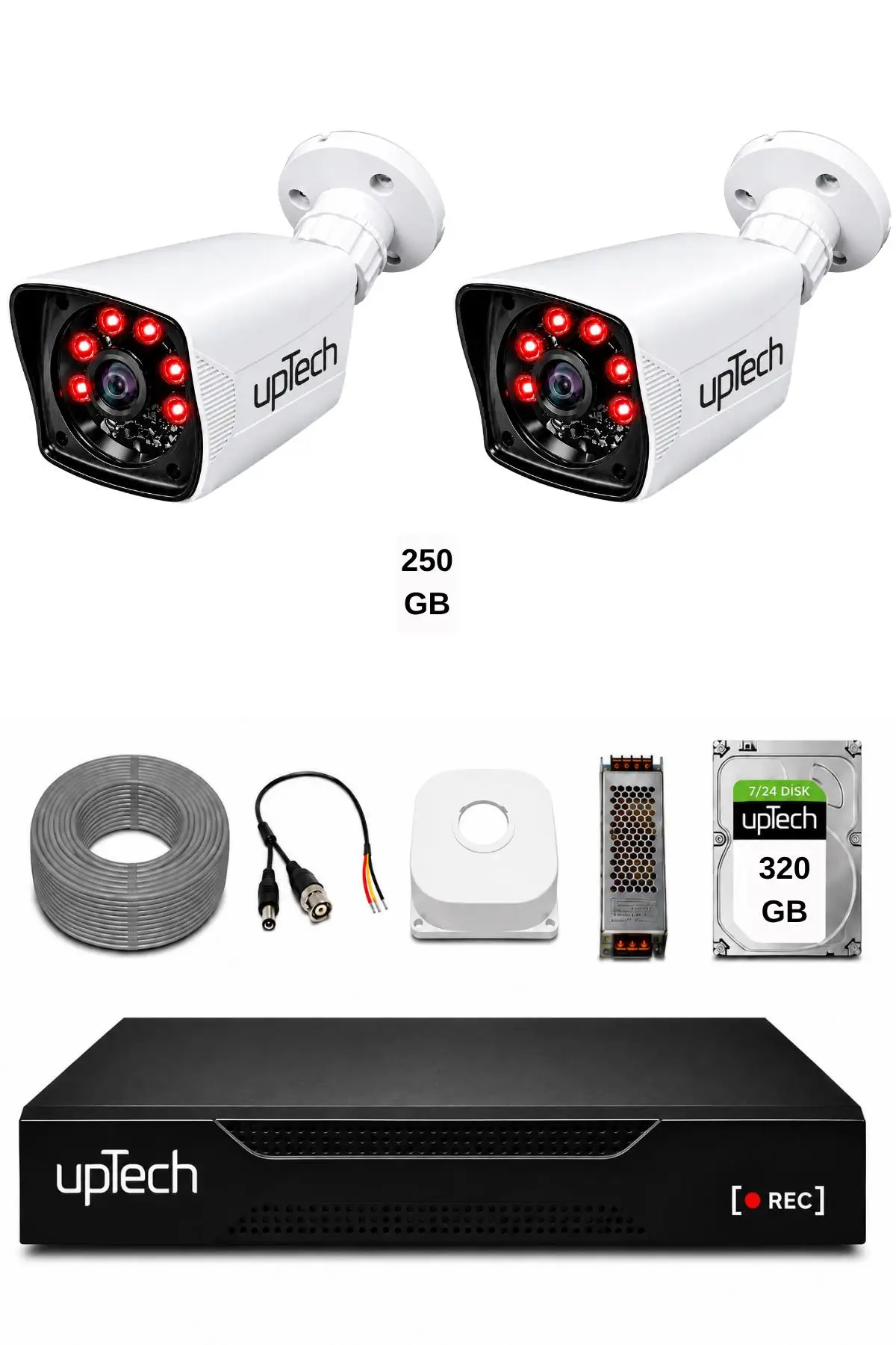UPTECH 2 Kameralı Güvenlik Kamera Seti 2MP 1080P Full HD 6 Atom LED Gece Görüşlü 320GB HDD 5525