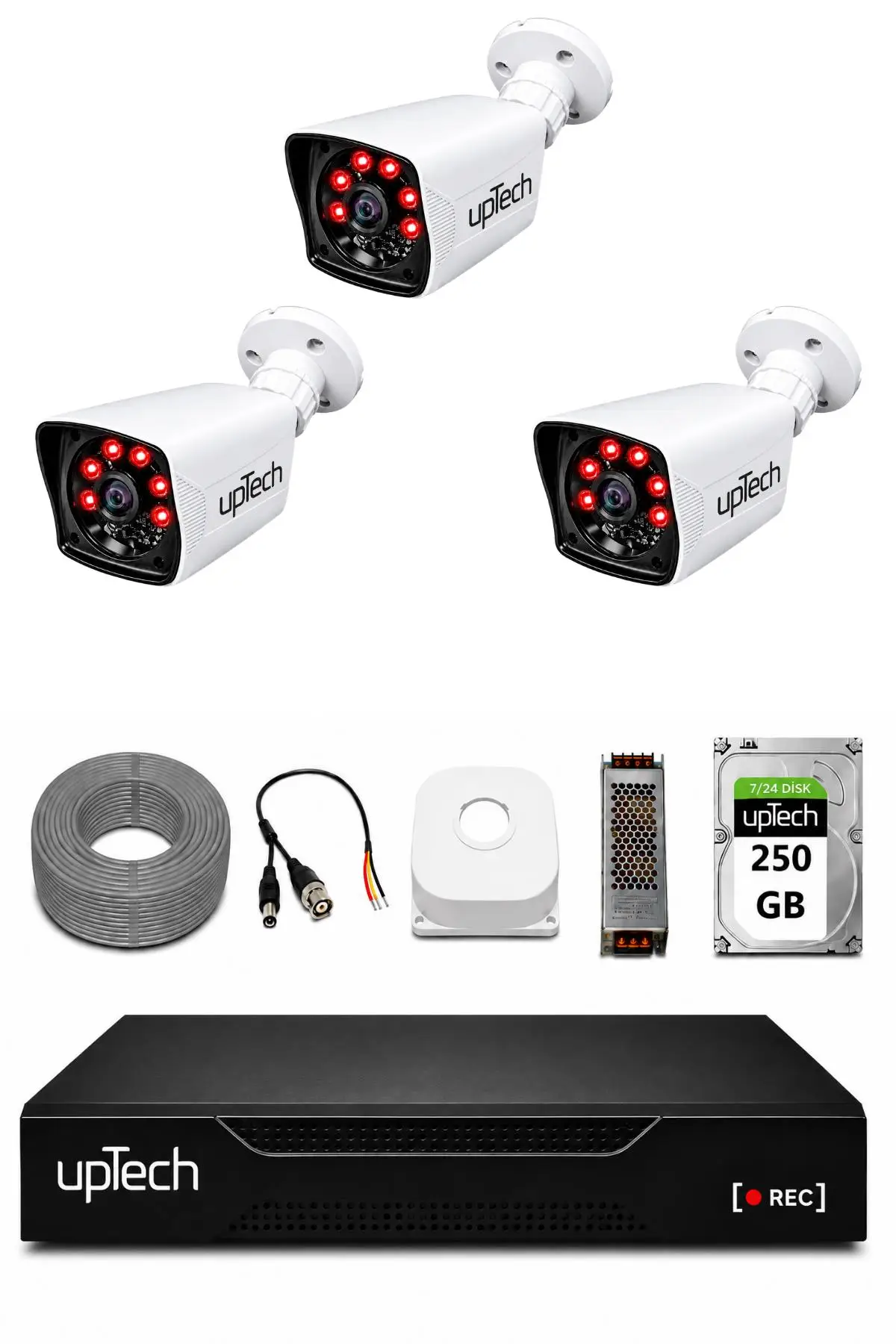 UPTECH 3 Kameralı Güvenlik Kamera Seti 2MP 1080P Full HD 6 Atom LED Gece Görüşlü 250GB HDD 5525