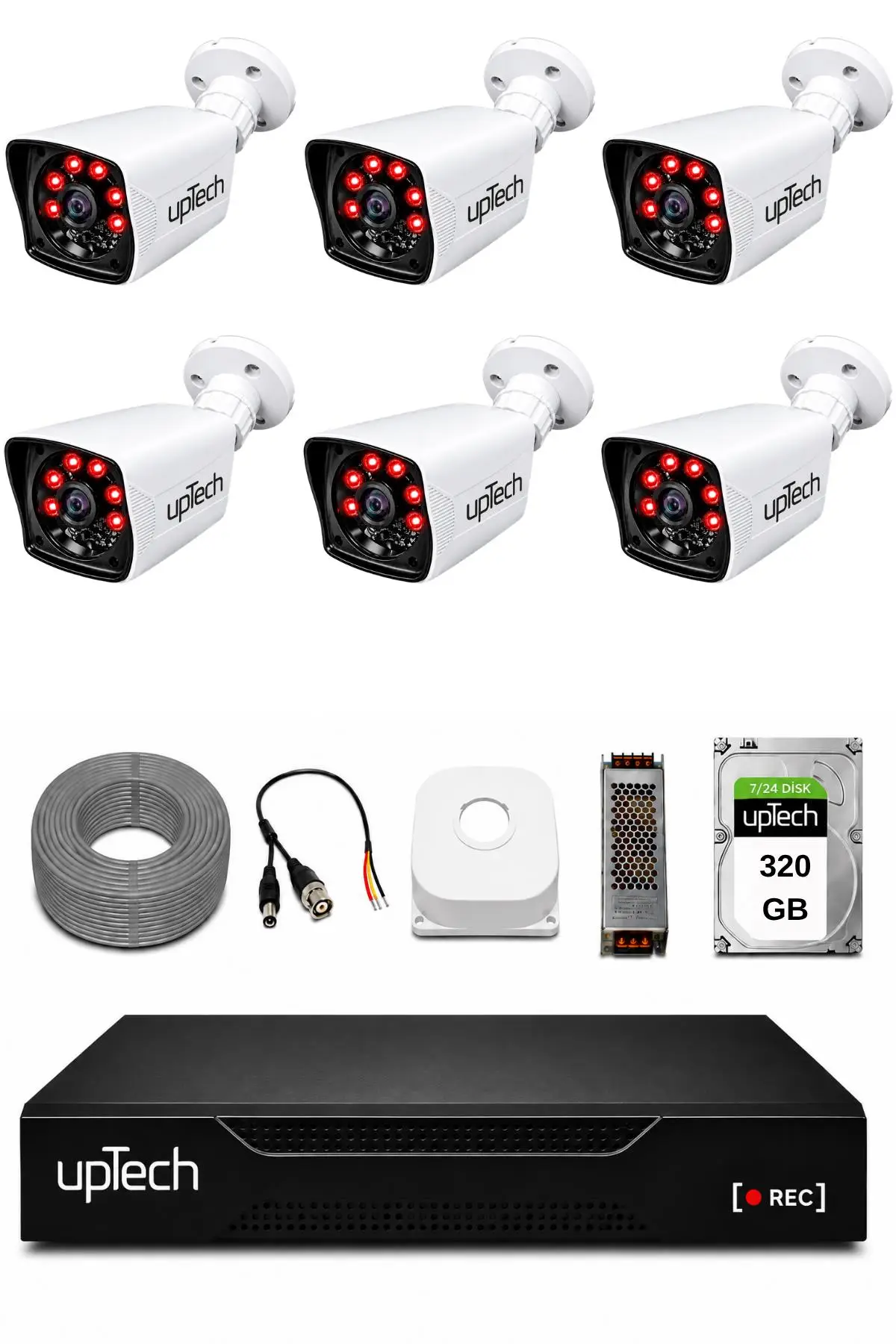 UPTECH 6 Kameralı Güvenlik Kamera Seti 2MP 1080P Full HD 6 Atom LED Gece Görüşlü 320GB HDD 5525