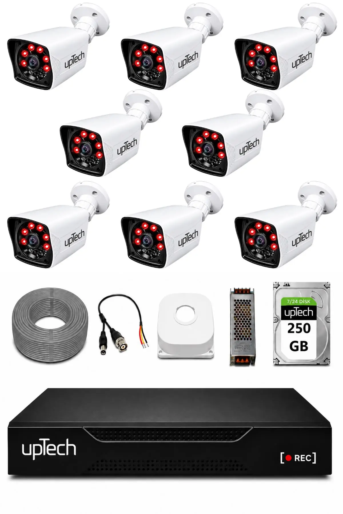 UPTECH 8 Kameralı Güvenlik Kamera Seti 2MP 1080P Full HD 6 Atom LED Gece Görüşlü 250GB HDD 5525