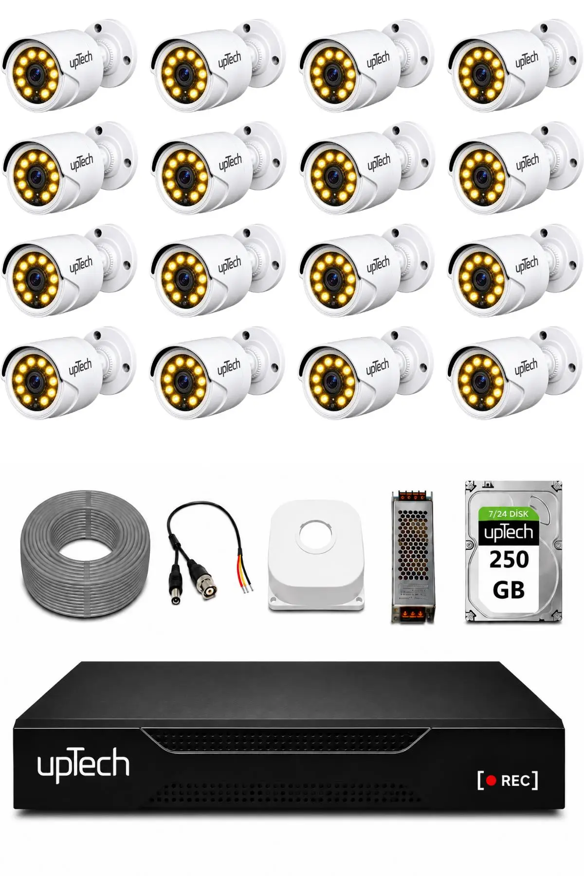 UPTECH Full HD 16 Kameralı Gece Renkli Görüş Su Geçirmez Güvenlik Kamera Seti 250 GB HDD 2239